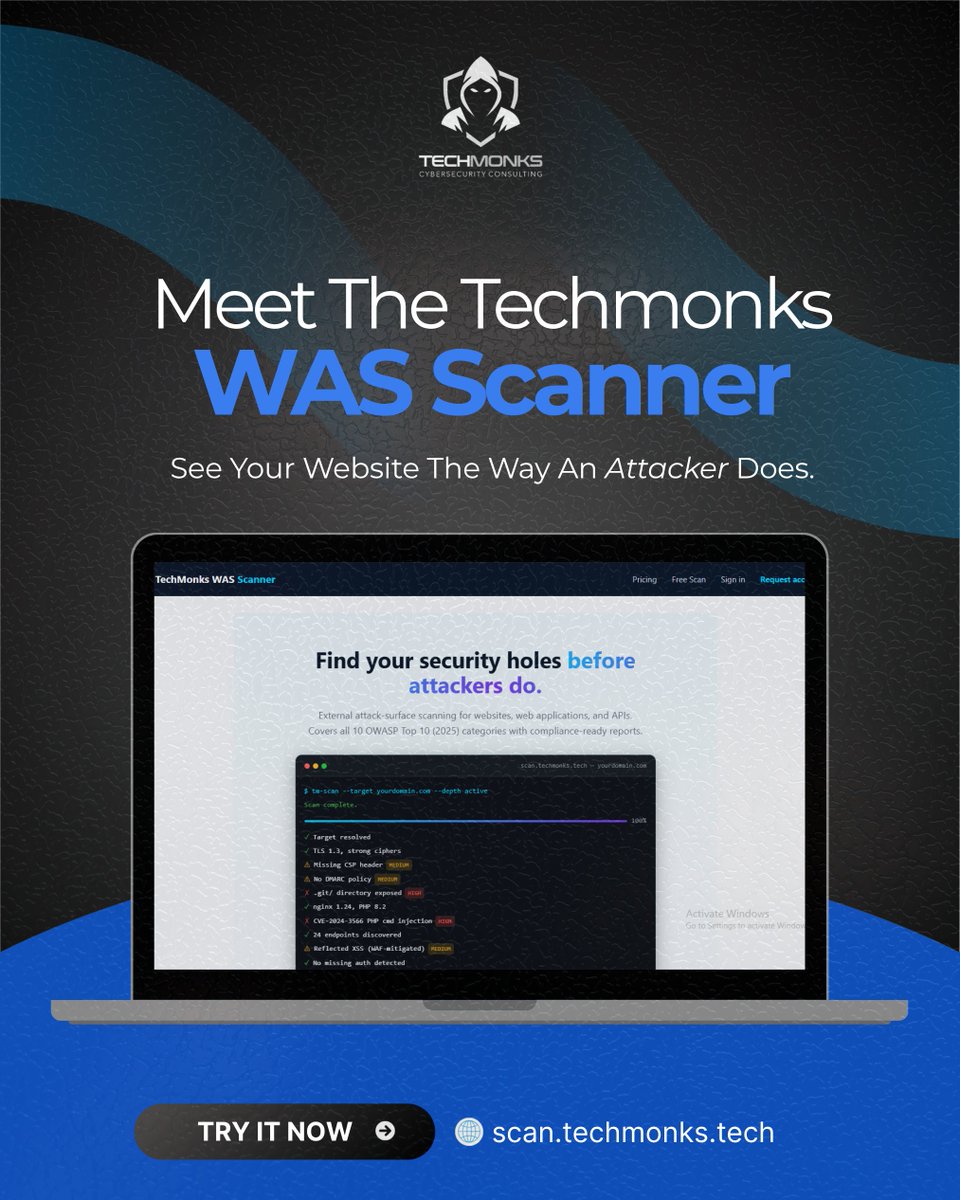 techmonks_tech's tweet photo. What could an attacker see from outside your organization?  

Our WAS Scanner answers that.  
Assess websites, web apps &amp; APIs.
Get structured findings + a security score.  
Ownership-verified scans only.  

Find the gaps first → https://t.co/dRmgr6lm5b  

#Web #Cybersecurity https://t.co/EW1LNjxOFt