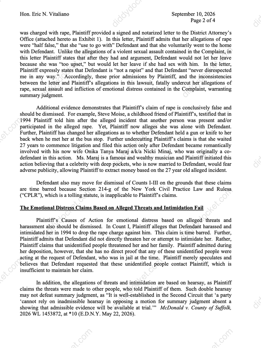 diddydocket's tweet photo. In the matter of Hough v. Maraj et al,  

Kenneth Petty notifies the court of his intent to seek a summary judgment.  

"The Complaint primarily concerns Plaintiff’s allegation that Defendant raped Plaintiff in 1994, when Plaintiff and Defendant were 16 years old ...   

"Plaintiff has admitted that she was not raped."👇