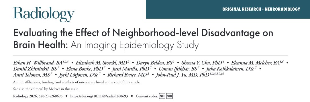 SValencia_92's tweet photo. 1/10 ๐ค Can the neighborhood you live in be reflected in brain health? A new @Radiology_RSNA study examined whether neighborhood socioeconomic disadvantage is associated with brain MRI measures. #RadInTraining #Tweetorial
@RITEditor @RadiologyEditor @VChernyakMD @SuhnyAbbara https://t.co/qHDudZzRmm