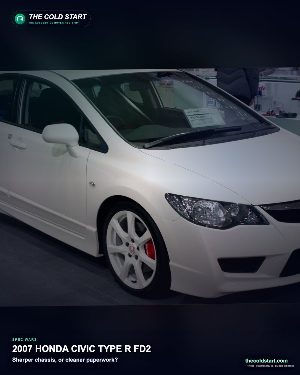 steves2J's tweet photo. SPEC WARS: 2007 Honda Civic Type R sedan (FD2).

The easy fight is sedan vs hatch.

The better search is K20A health, import path, auction sheet, crash repair, rust, clutch, LSD, and stock parts.

Sharper chassis, or cleaner paperwork?

https://t.co/SMEqJOgIFv https://t.co/9NPVu3BgZc
