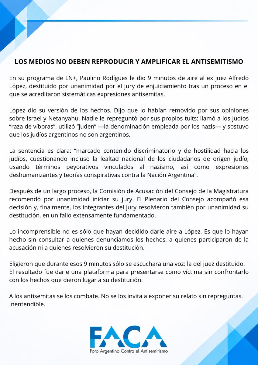 FACA_arg's tweet photo. LOS MEDIOS NO DEBEN REPRODUCIR Y AMPLIAR EL ANTISEMITISMO https://t.co/pzxvhxW4d4