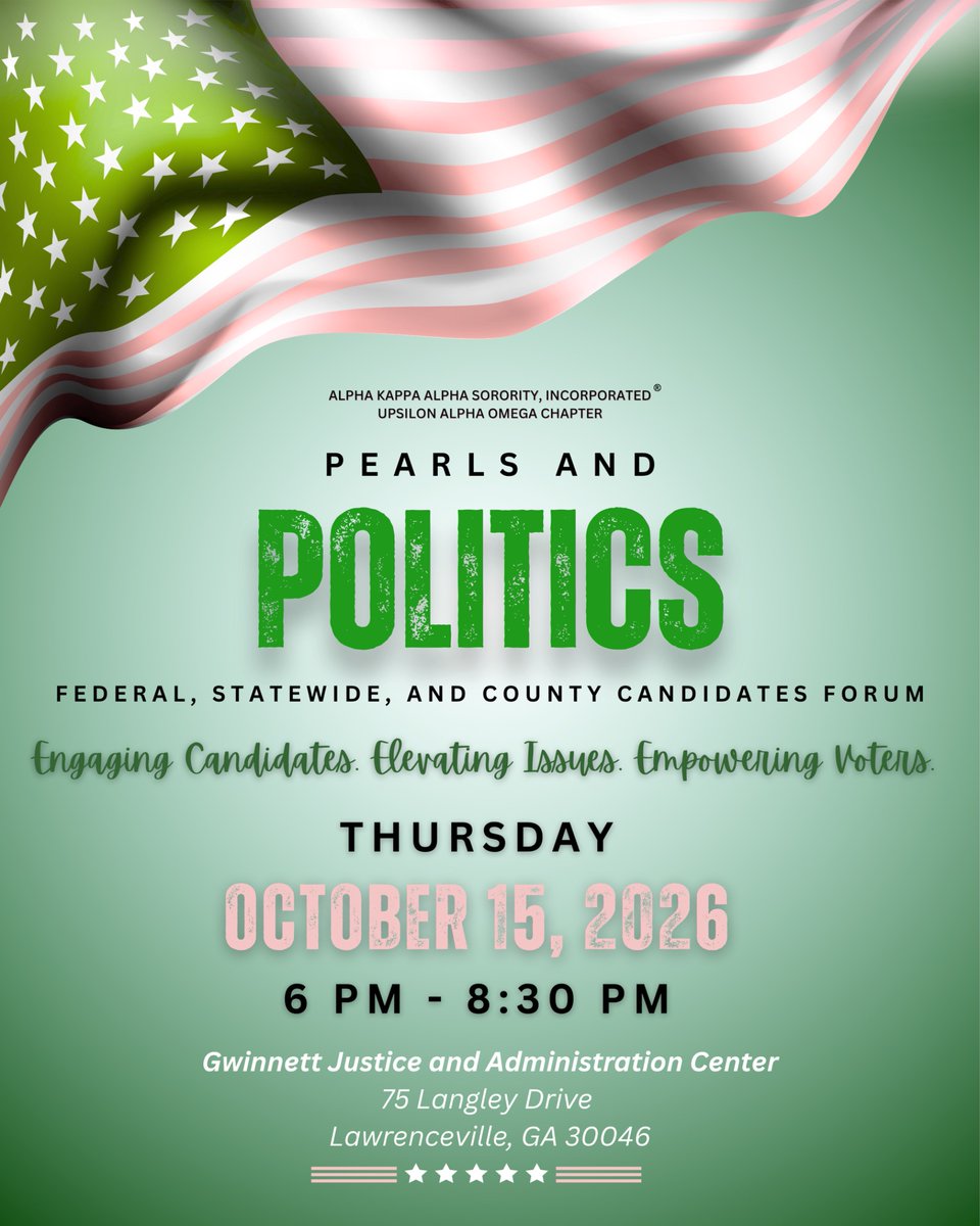 AKAinGwinnett's tweet photo. Today is National Voter Registration Day! 🗳️ Join us Oct. 15 for our Pearls &amp; Politics Candidate Forum to hear from candidates, learn about issues impacting our communities, and make informed decisions. We’re putting Empower ’08 into action! 💗💚 #Empower08 #AKA1908 #VoteReady https://t.co/nSLojHmd3B
