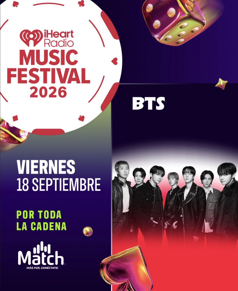 RadioBTSMexico's tweet photo. ❣️BTS x iHeartRadio Music Festival 2026

@BTS_twt se estará presentado este viernes 18 de septiembre en vivo desde las vegas en el 2026 iHeartRadio Music Festival.  Será increíble, no te lo pierdas ARMY!! 💜✨

🔔 ¿Cuándo? Viernes 18 de septiembre, inicia a las 8:30 PM (Zona centro) 🇲🇽

🔔¿Dónde ver? Disney+ y Hulu

🔔 ¿Donde escuchar? En México Por toda la cadena MATCH FM 📻 (Avisaremos cuando comience) 
🔜 https://t.co/phHw6gWBlE