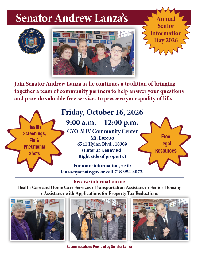 senatorlanza's tweet photo. SAVE THE DATE!
ANNUAL SENIOR INFORMATION DAY 2026!

Friday, October 16, 2026
9AM-12PM

CYO-MIV Community Center at Mt. Loretto
6541 Hylan Blvd., 10309
(enter at Kenny Rd. Right side of property)

**NO RSVP NEEDED TO ATTEND** https://t.co/kWV4E69hkU
