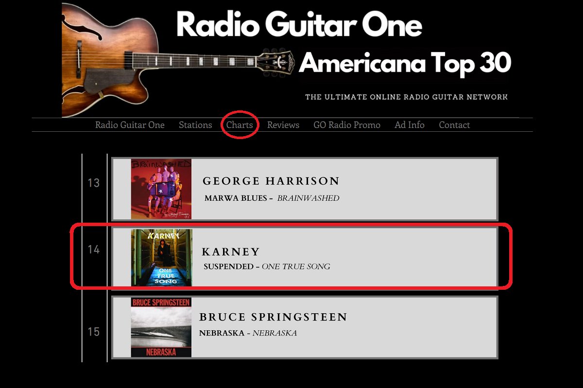 Karneymusic's tweet photo. "Suspended" from "One True Song" is #14 on the 9/13 #RadioGuitarOne #Americana #Top30 chart.

Listen or Purchase 'One True Song' on all digital sites at https://t.co/wY0yEDyRyN https://t.co/x5F1Mst8D3