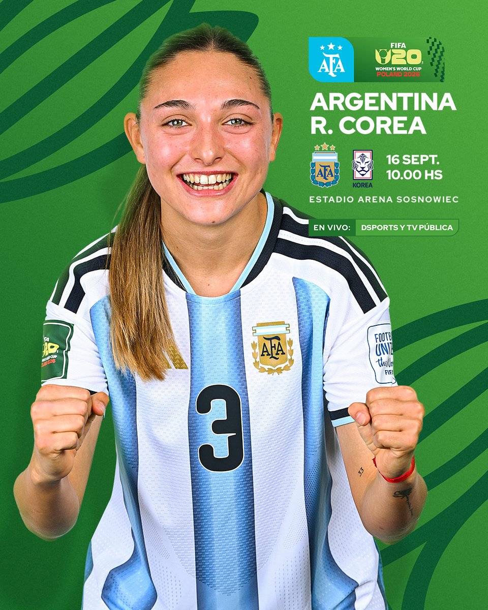 Argentina's tweet photo. 🏆 #SelecciónFemenina #U20WWC
🗓️ Octavos de final
⚽ #Argentina 🇦🇷 🆚 #RepúblicaDeCorea 🇰🇷
🕐 10.00
👩‍⚖️ Marta Huerta
🏟️ Estadio Arena Sosnowiec
📍Sosnowiec, Polonia
📺 TV Pública y DSports
 📝 https://t.co/8nf3xgSMG0 https://t.co/8QkzJKF6w0