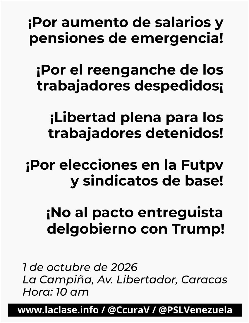 UcvMiguelangel's tweet photo. TODO EL 1° DE OCTUBRE A PDVSA LA CAMPIÑA 

Por la discusión del contrato colectivo petrolero 

Contra el saqueo imperialista @PSLVenezuela @CcuraV https://t.co/HG0VKSEXx4