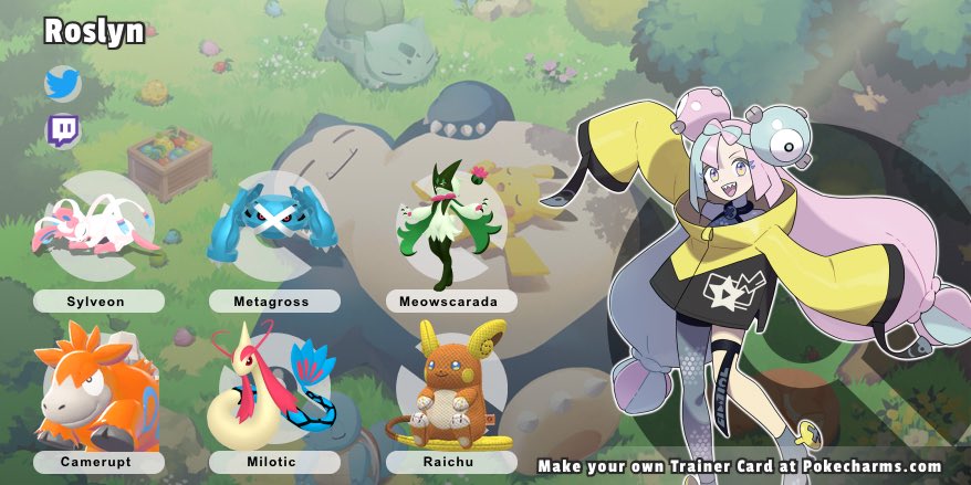 my trainer card doing the trend in the quoted tweet: sylveon, metagross, meowscarada, camerupt, milotic, alola raichu