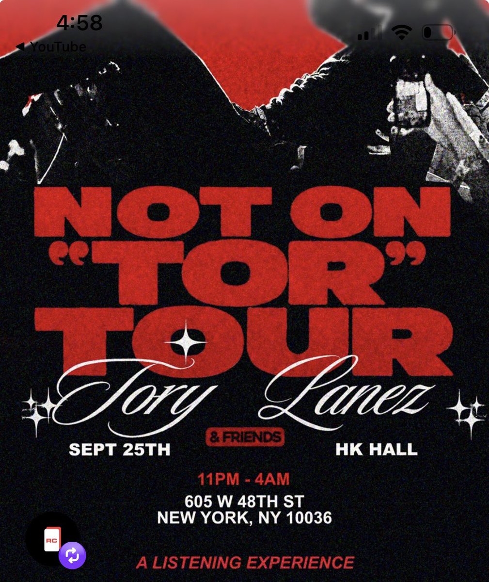 ComeWithFacts's tweet photo. 🚨 Tory Lanez just announced the “Not On ‘Tor’, Tour,” a multi city listening experience built around his latest album, fan favorites, DJs and special guests.

The first stop is September 25 at HK Hall in New York, with additional dates in Los Angeles, Washington, D.C., New Orleans and Pittsburgh, plus special announcements coming for Montreal and Toronto.

Important note: Tory himself will NOT be appearing or performing at these events. It’s being promoted as a listening experience for the fans and community around his music. 

Tickets are live now.

https://t.co/sYKxoPGUib