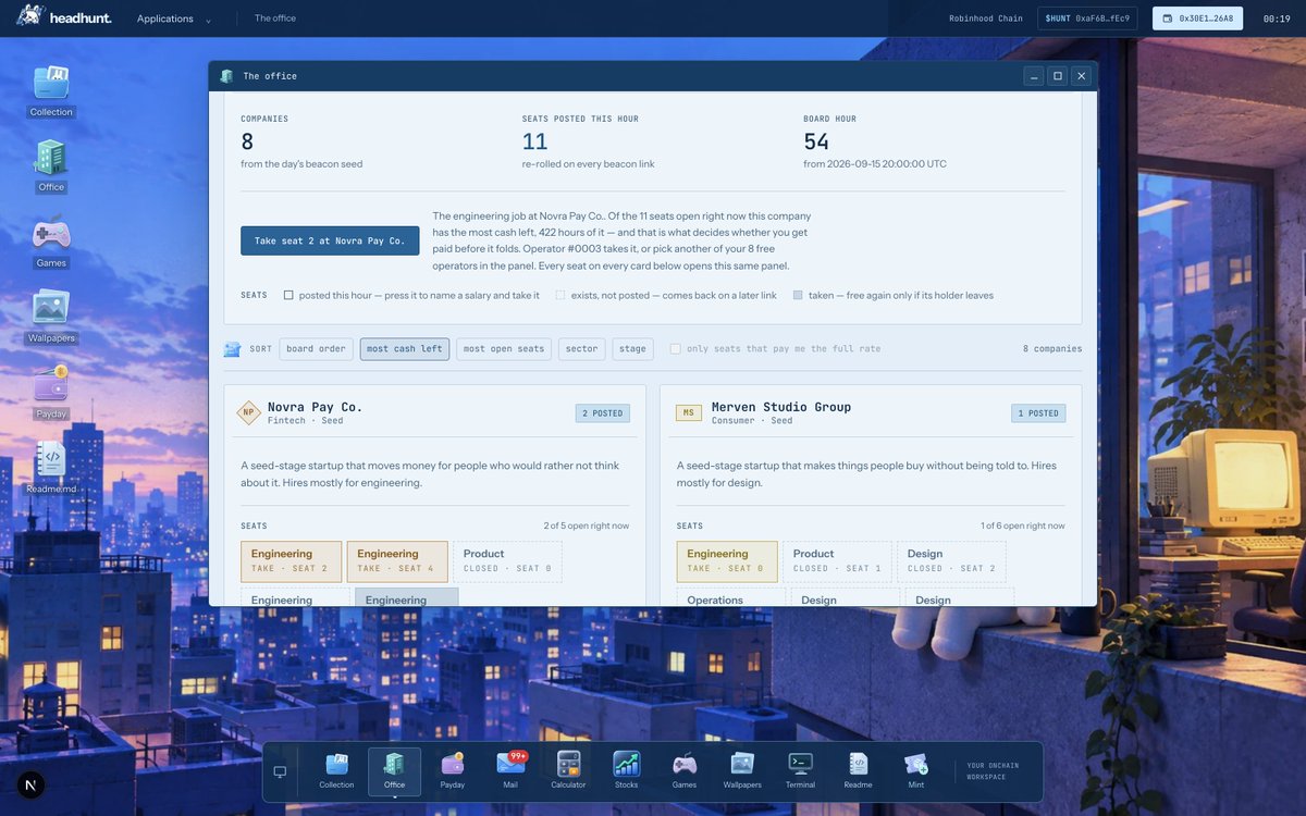 headhuntgame's tweet photo. the cat has become selective about employers.

Job board filters are live: compare runway, open seats, sector and stage. Switch on full-rate matches to narrow the board to roles that fit your operator.

Open Office. See who’s worth applying to. https://t.co/yl7g20XKjE