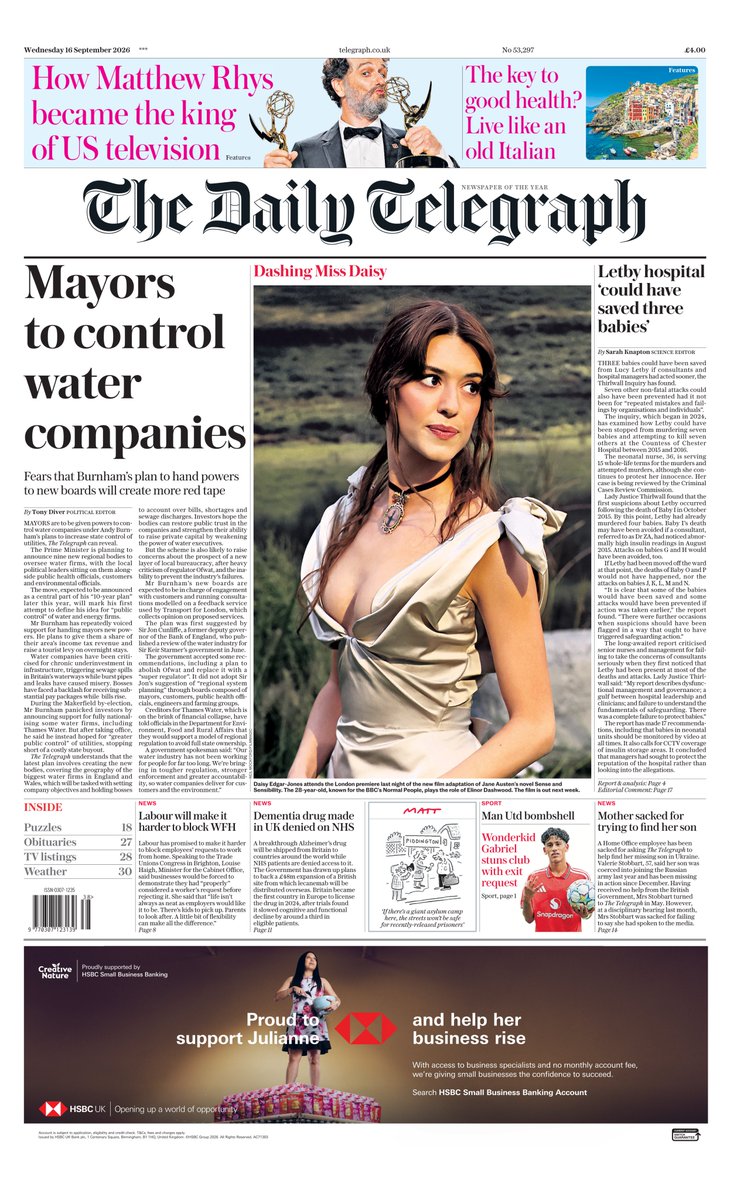AndyGibsonTV's tweet photo. "MAYORS TO CONTROL WATER COMPANIES"
@Tony_Diver for @Telegraph
Mayors are to be given powers to control water companies under Andy Burnham’s 10-year plan for greater public control of utilities, The Daily Telegraph can reveal.
#DailyTelegraph
#TomorrowsPapersToday