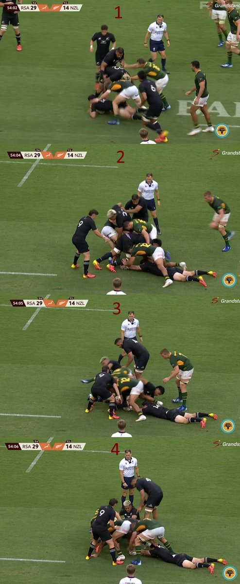 grapgatza's tweet photo. This might explain a lot about the All Blacks' 'confusion' about what the ruck laws actually are.

On the Rugby Unity podcast, David Pembroke, Ewen McKenzie and Sir Steve Hansen talk about the final match of the RGR series.

They're having a whinge that the TMO was asked to look at the tackle without the ball on Roigard, and the TMO takes them back to the offsides by Roigard before that.
(Which the ref and assistant ref should've seen.)
And was absolutely an offside by Roigard as well as Vaa'i, so any reasonable person would be fine with that call.

But no, they have an issue that the TMO dared point out a valid infringement that he had no business looking at.

The best part is what they then have to say about the ruck where that offsides happened.

Ewen Mckenzie says that was a tackle contest, not a ruck.
SirHansen: "If they're gonna say that Roigard's offside, because that's a breakdown, then PSDT isn't allowed to pick the ball up. You can't pick the ball up at a breakdown"
Ewen Mckenzie: "For me it was still a tackle contest." "PSDT just picks the ball up, he's not the halfback. " 
(hint Ewen. Just cos he doesn't have a 9 on his back doesn't mean he can't play halfback)

Law 15.2 
A ruck is formed when at least one player from each team are in contact, on their feet and over the ball which is on the ground.

Image 1 - how is that not a ruck???? Tackled player on the ground. SA player and AB player contesting over the ball. Textbook description.

Image 2 - its even more of a ruck now. Ball is on the ground. 5 players over the ball.

Image 3 - The ABs have been pushed off the ball. PSDT is clearly standing in a 'scrumhalf' position. 
Roigard miles offsides.

Image 4 - PSDT picks up the ball to pass. How the hell are you meant to get the ball out of a ruck if you can't pick it up as per these geniuses.

How is there any question that this was a ruck.
And that Roigard was offsides.

This is someone that was knighted for their services to rugby?

@Rugby_Unity