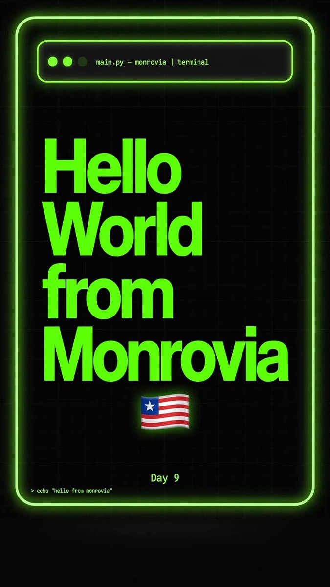 RookieLincoln's tweet photo. Day 9 • #100Devs 🇱🇷

Hello World from Monrovia.

No Replit. No Light. Phone + Programiz only. Still shipping.

Day 8 ✅ 113 posts
Day 9 loading...

Built in Public — No Light.

#100DaysOfCode https://t.co/b0ZZ6jfDSC