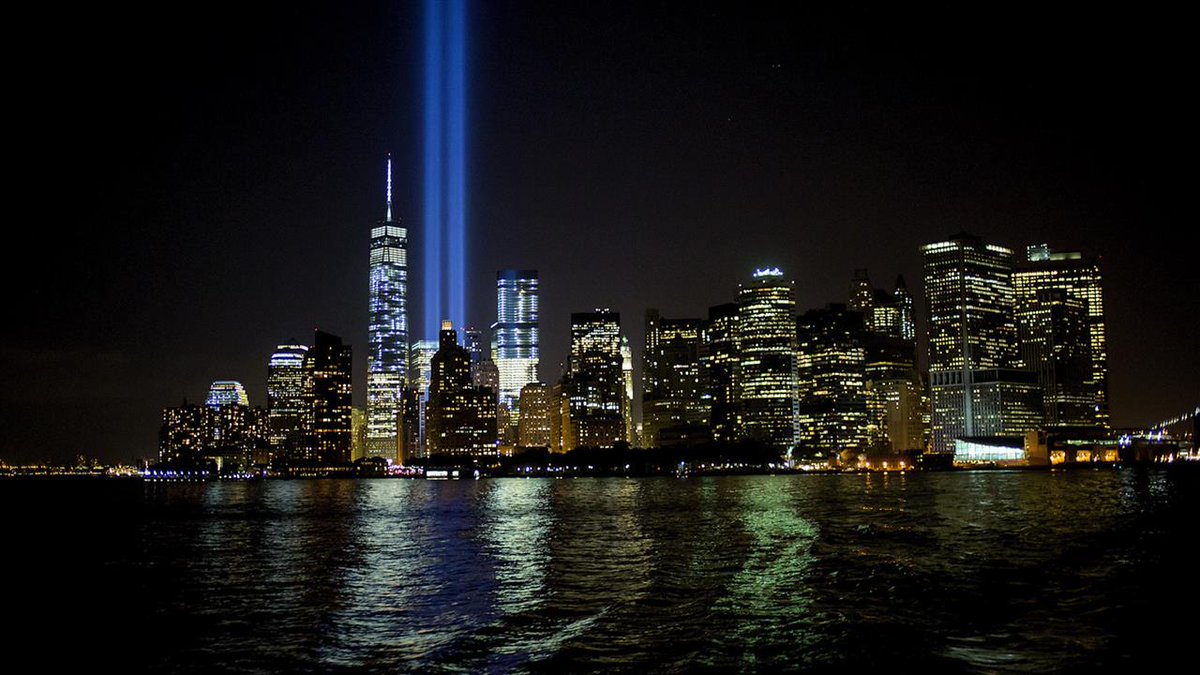 MedronPryde's tweet photo. After the towers fell on 9/11, the first memorial was in light.  Just two columns of light shining into the air.  Night and day it shone.

Because something had to replace it https://t.co/dnU1TjeJzZ