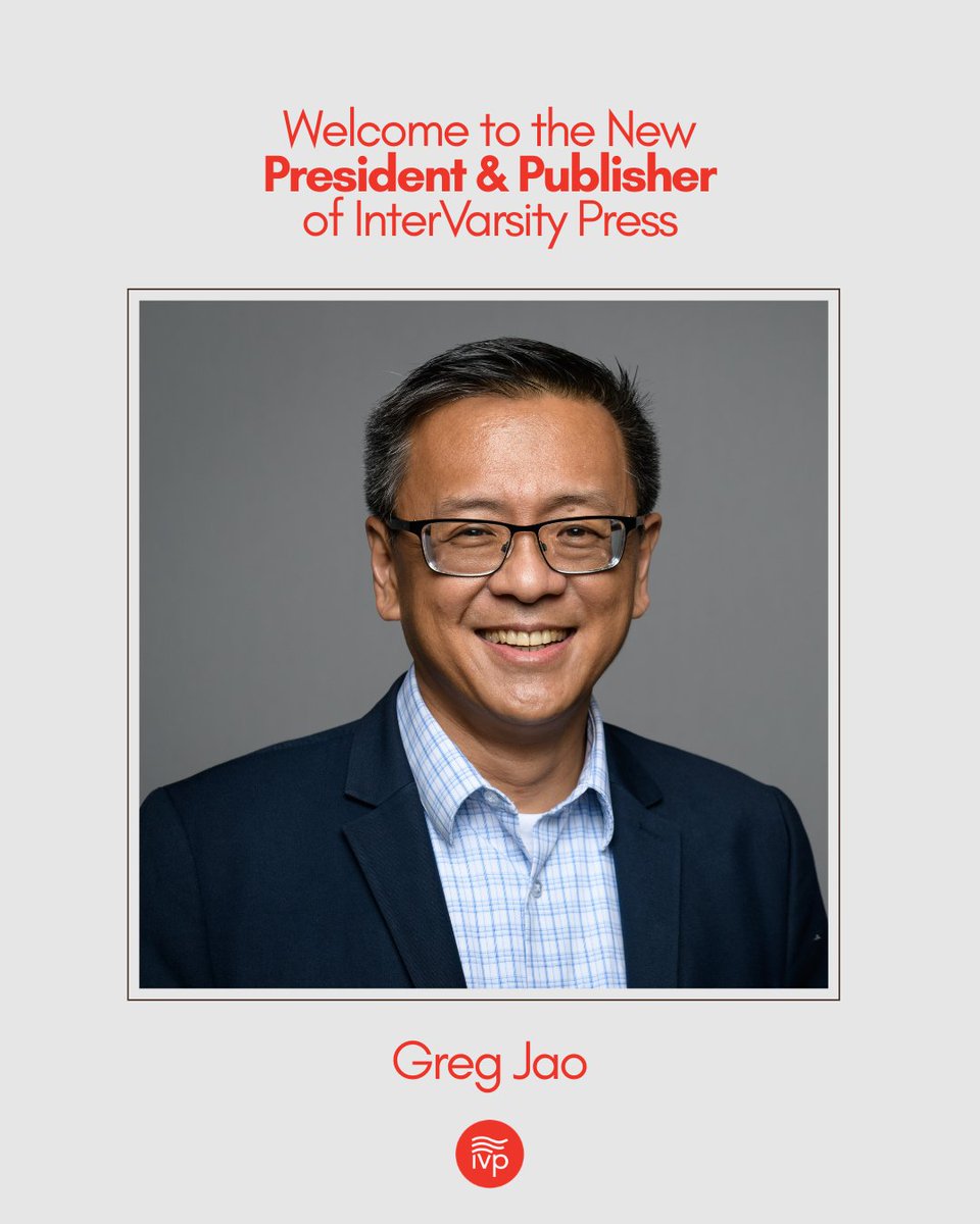 ivpress's tweet photo. Greg Jao has been named president and publisher of InterVarsity Press, succeeding Terumi Echols, who is retiring after leading IVP for the past five years. 

Jao will guide the strategic direction of IVP as it heads into its 80th year as an award-winning Christian publisher that was founded as part of InterVarsity Christian Fellowship in 1947.

Read more:
https://t.co/ZWim17rarD