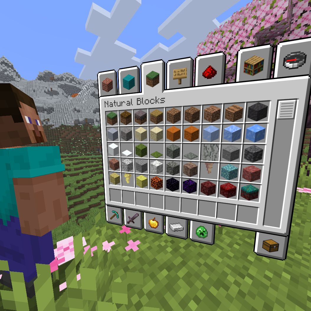 Steve looks at their creative inventory screen placed in the world.