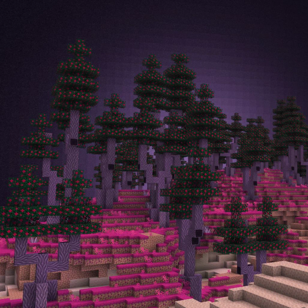 An additional Biome to the end has pin, grass and purple trees with red fruit.