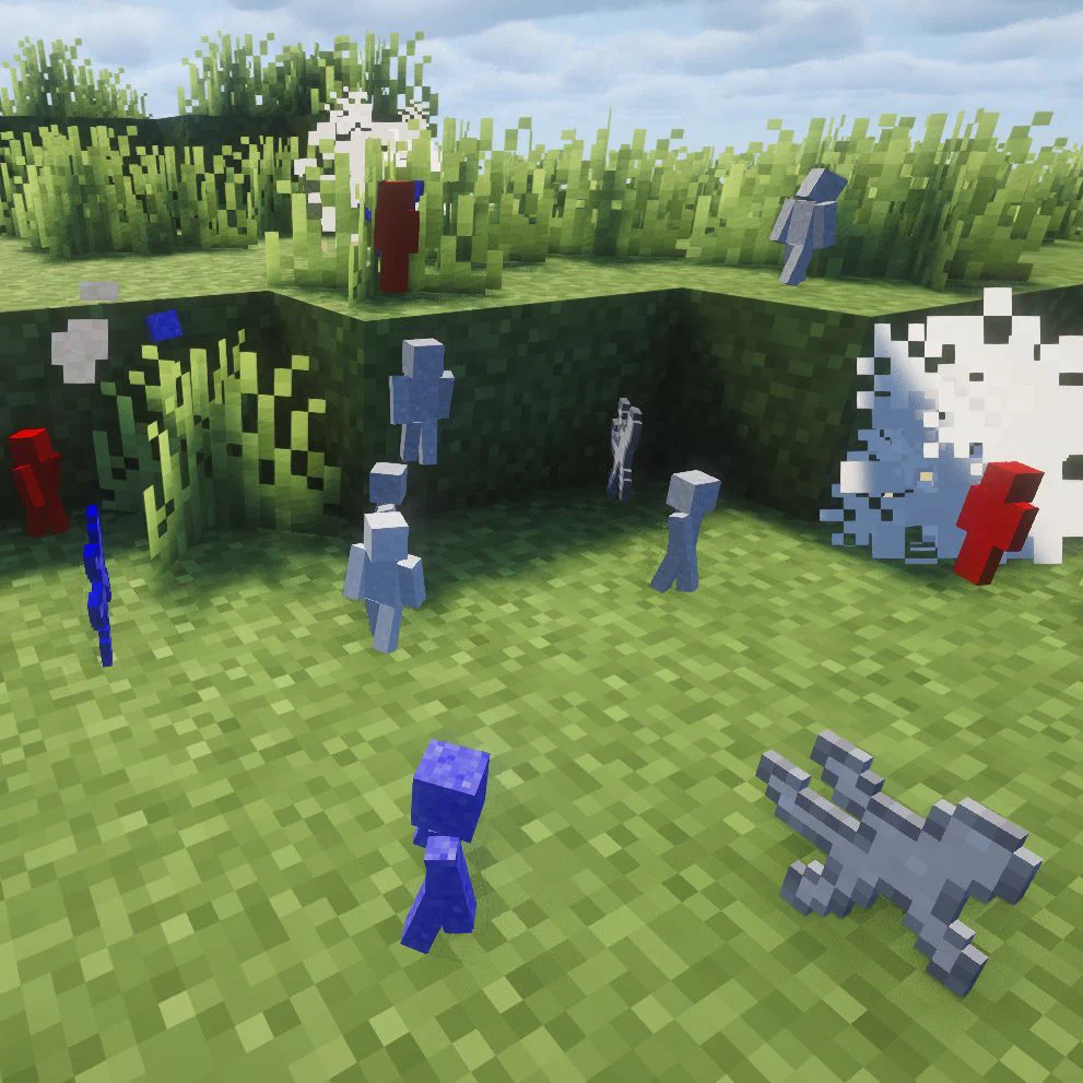 Small npcs made of colored clay wage war with eachother in Minecraft.