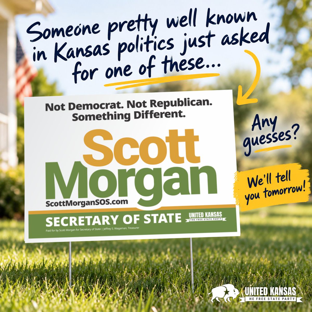 ScottMorganKS's tweet photo. We got a pretty exciting request for a yard sign today. 

Someone who knows a thing or two about serving Kansas wants one in his yard.

Any guesses who?

We’ll tell you tomorrow! https://t.co/BWUhOWNnge