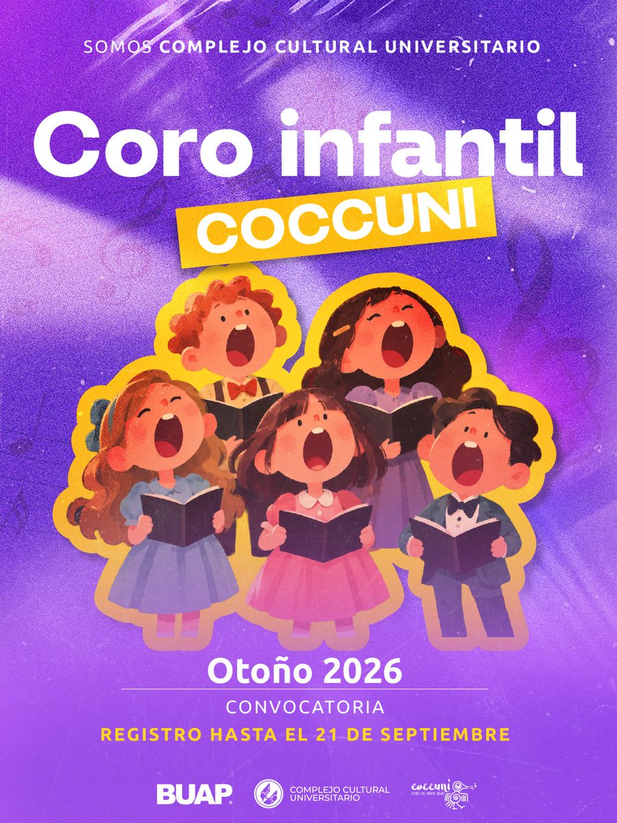 corosbuap's tweet photo. ✨️ Abrimos la convocatoria para nuestro Coro Infantil "COCCUNI" dirigido a niñas y niños que quieran cantar, aprender y disfrutar la música. 🎶🎤

Consulta la convocatoria: https://t.co/hvJOwI4VVx

#CCUBUAP #CoroSinfónicoBUAP #Puebla #COCCUNI #BUAP https://t.co/Ienkp3T4gh