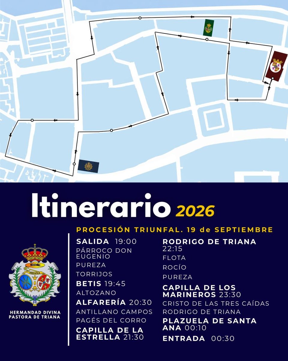 PastoraDeTriana's tweet photo. 🔵 #NoticiasPastoreñas | Este sábado 19 de septiembre, nuestra Divina #PastoraDeTriana26 recorrerá las calles del viejo arrabal en procesión triunfal con los sones de la @bandasol ante la cruz alzada y de la @OlivaSalteras tras el paso de la Santísima Virgen. ¡No faltéis a esta cita!

#GloriasSevilla26
