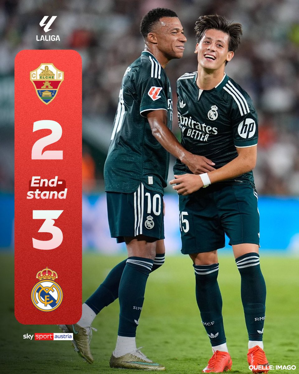 Zwei Fußballer in grünen Trikots der Marke Adidas stehen auf dem Spielfeld und tragen die Logos von Real Madrid und Elche CF.