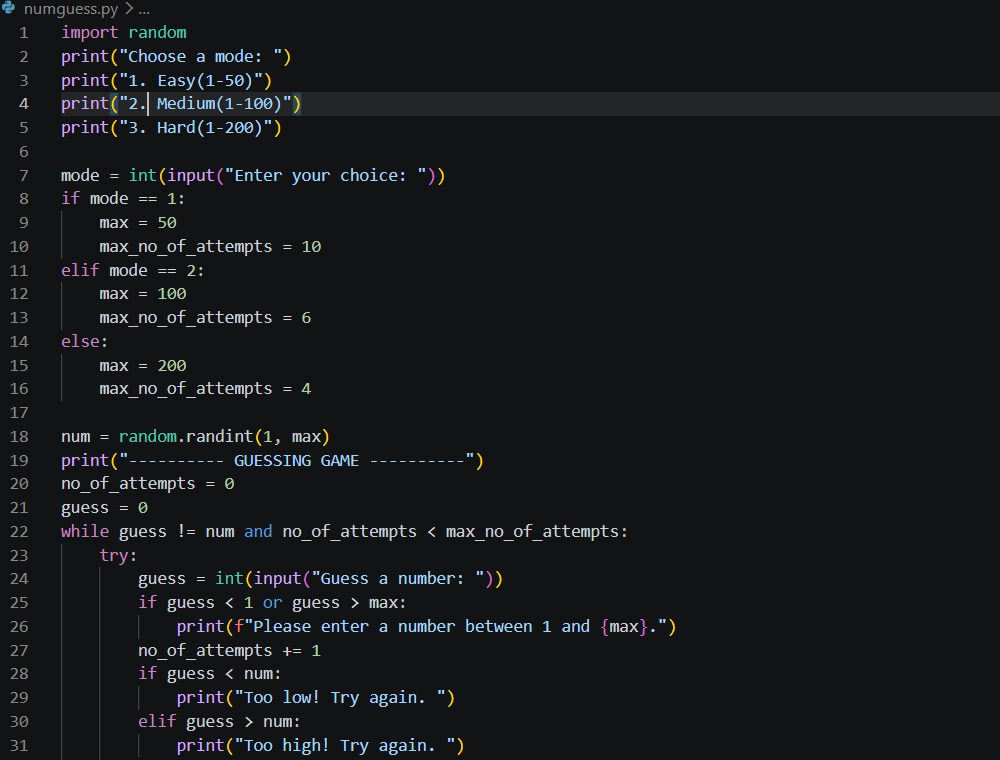 Temiloluwaco's tweet photo. Day 3, created a number guessing game program.
It entails while loops, if-elif-else statements, input validation.Added selection of modes to the game and restriction of players to a certain number of attempts allowed.
Engage please,thank you.
#30DaysofCode #Python #BuildinPublic https://t.co/6EORNo1JWL