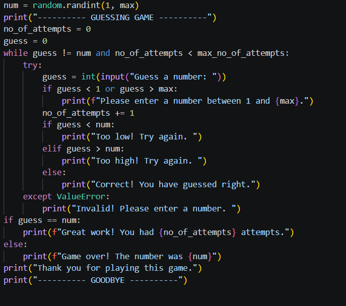 Temiloluwaco's tweet photo. Day 3, created a number guessing game program.
It entails while loops, if-elif-else statements, input validation.Added selection of modes to the game and restriction of players to a certain number of attempts allowed.
Engage please,thank you.
#30DaysofCode #Python #BuildinPublic https://t.co/6EORNo1JWL