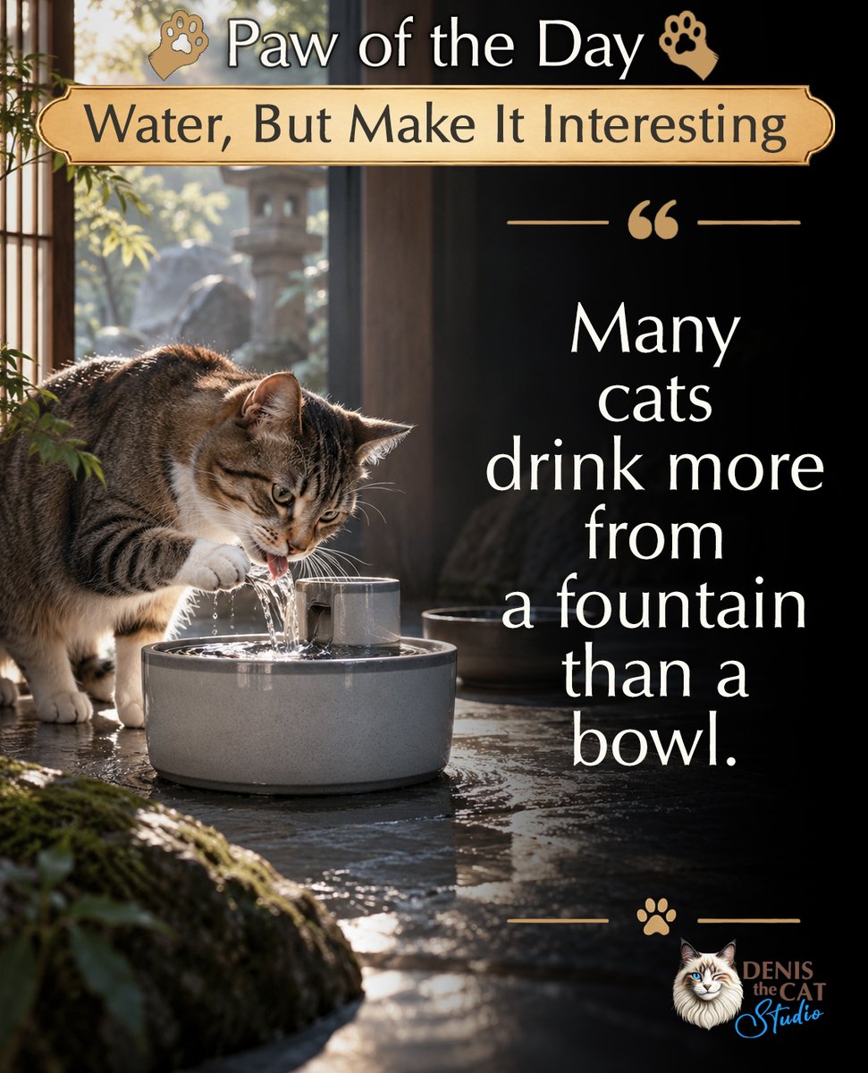 DenisTheCatStd's tweet photo. A fountain may encourage some cats to drink more. 
Also offer a wide, shallow bowl in a quiet spot, refresh the water daily, and note sudden changes in thirst—they warrant a prompt call to your veterinarian. 
 
Denis The Cat 
#DenisTheCatStudio #PawOfTheDay https://t.co/UHZEaVKbD6