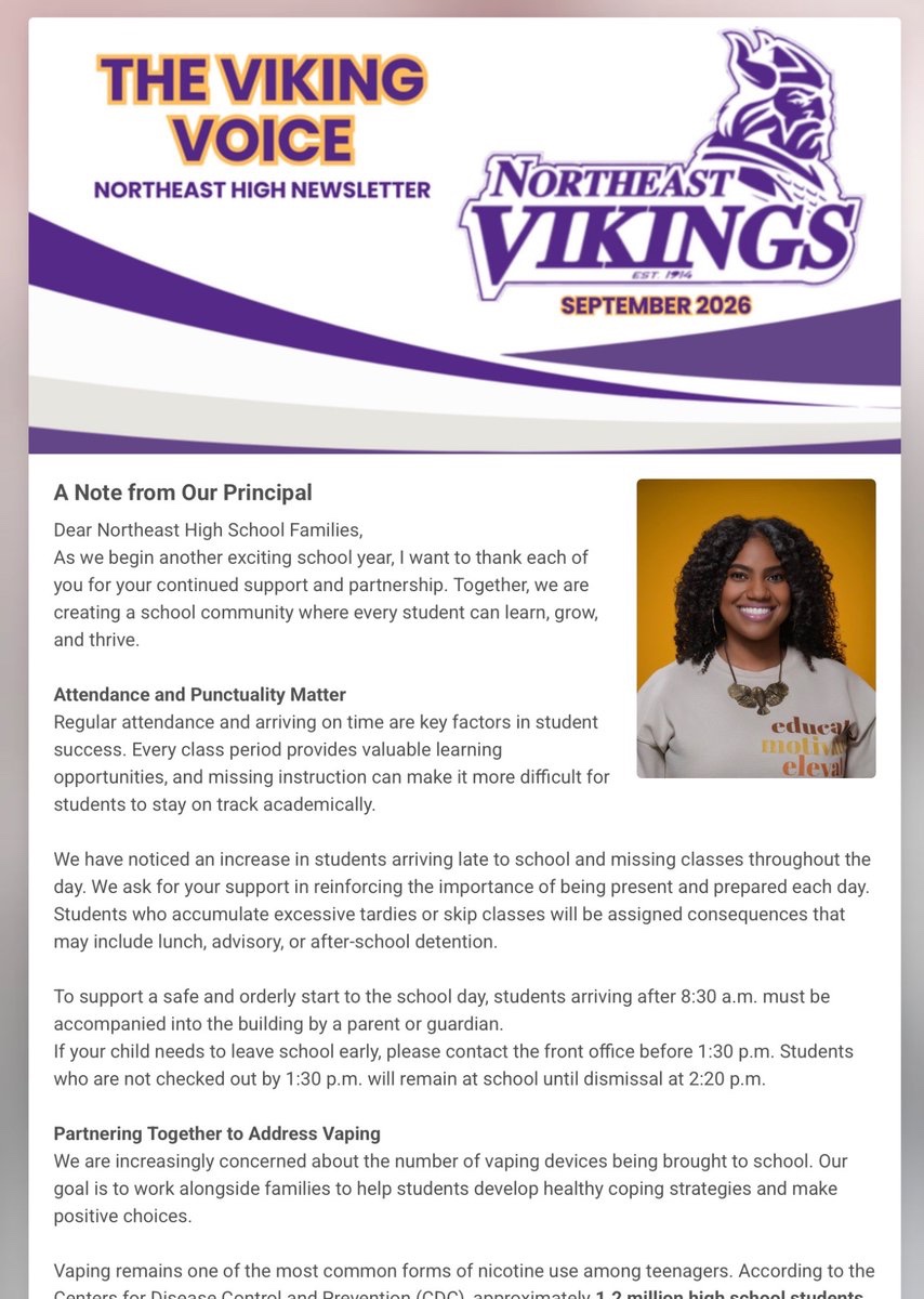 KCPS_Northeast's tweet photo. Viking Nation! 💟 Please check out our latest edition of The Viking Voice newsletter created to keep you informed & up-to-date on events, highlights, & the great things happening at NEHS.

Most importantly for now, please come out for our family meeting with Principal Glover on Thursday, October 1 at 12 noon followed by our Hispanic Heritage Month celebration. https://t.co/hcbaRSmn8T
