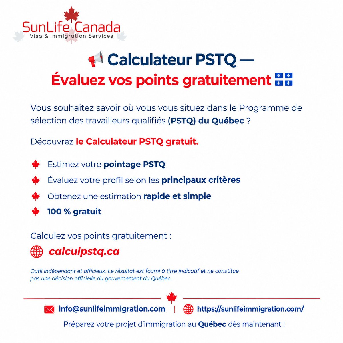 VisaduCanada's tweet photo. 🍁 PSTQ : combien de points avez-vous ? 🇨🇦

Évaluez gratuitement votre profil grâce à notre calculateur PSTQ.

👉 https://t.co/wAjnbB0o1k

#PSTQ #ImmigrationQuébec #Canada #CabinetImmigration https://t.co/XcaiCHYLq9