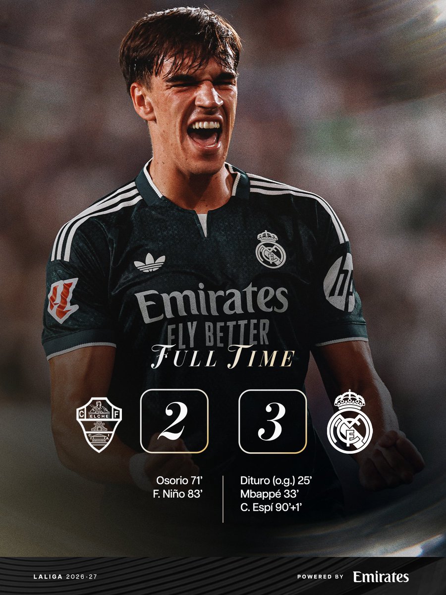 SecteurRM_'s tweet photo. • Match terminé.

✅ Le s’impose 2-3 sur le terrain d’Elche.

⚽️ Les buteurs : Mbappé, Dituro (CSC) et Espí.

#RMLiga #HalaMadrid 🤍 https://t.co/Qy5PmJ6Ey1