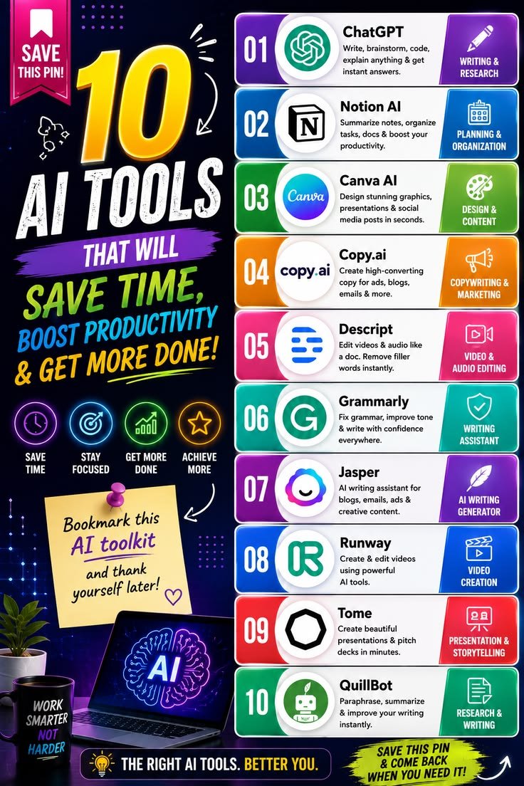 Tushersm4p's tweet photo. 10 AI tools that can save you hours and boost productivity 🚀

From writing and research to design, video, presentations, and organization—these tools can help you work smarter, not harder. 🤖���

Bookmark this list for later! 🔖 https://t.co/D27hvDnBWm