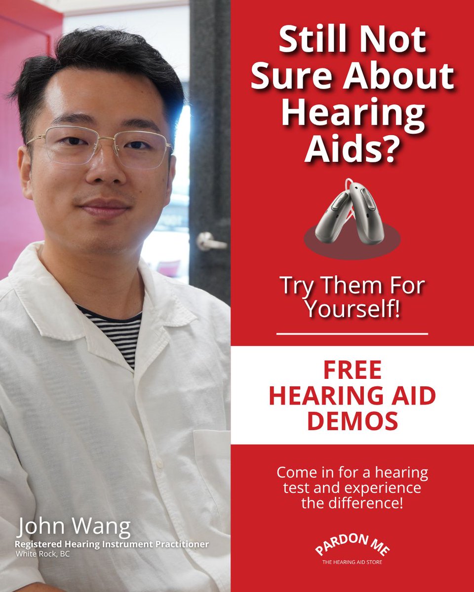 PardonMeHear's tweet photo. Still not sure about hearing aids? Try them for FREE before you commit. 👂

Right now through September 30th, take advantage of our biggest value of the season:
💰 Save up to $4,900 on Premium Hearing Aids
📺 Get a FREE TV Listening System with your purchase
🎧 Try them with a FREE Hearing Aid Demo right in our clinic!

We don’t believe in high-pressure sales pitches, hidden markups, or confusing fine print. As a family-owned, Canadian clinic, our mission is simple: premium hearing tech at fair, transparent prices all year long. You'll work directly with friendly local specialists like John,  who put your comfort first. 🫵 

#PardonMe #WhiteRockBC #HearingCare #BritishColmbia #HearingAids