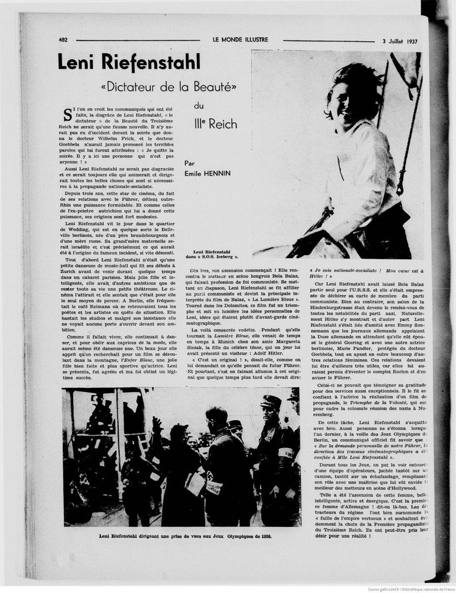 LoyalSiddah's tweet photo. « Leni Riefenstahl : Dictateur de la Beauté » (Le Monde illustré, 1937) https://t.co/H56rsmjPV7