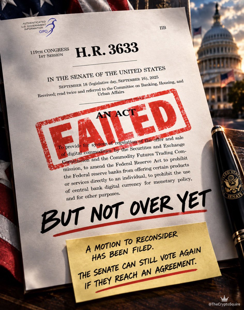 TheCryptoSquire's tweet photo. 🚨 BREAKING: THE CLARITY ACT IS NOT DEAD.

After cloture failed 49-50, Sen. Thom Tillis moved to RECONSIDER the vote.

There is NO automatic 48-hour deadline.

If senators reach an agreement, the door remains open for another vote.

THIS ISN’T OVER. 💥💪🏻🇺🇸 https://t.co/dGiiZ3s5zT