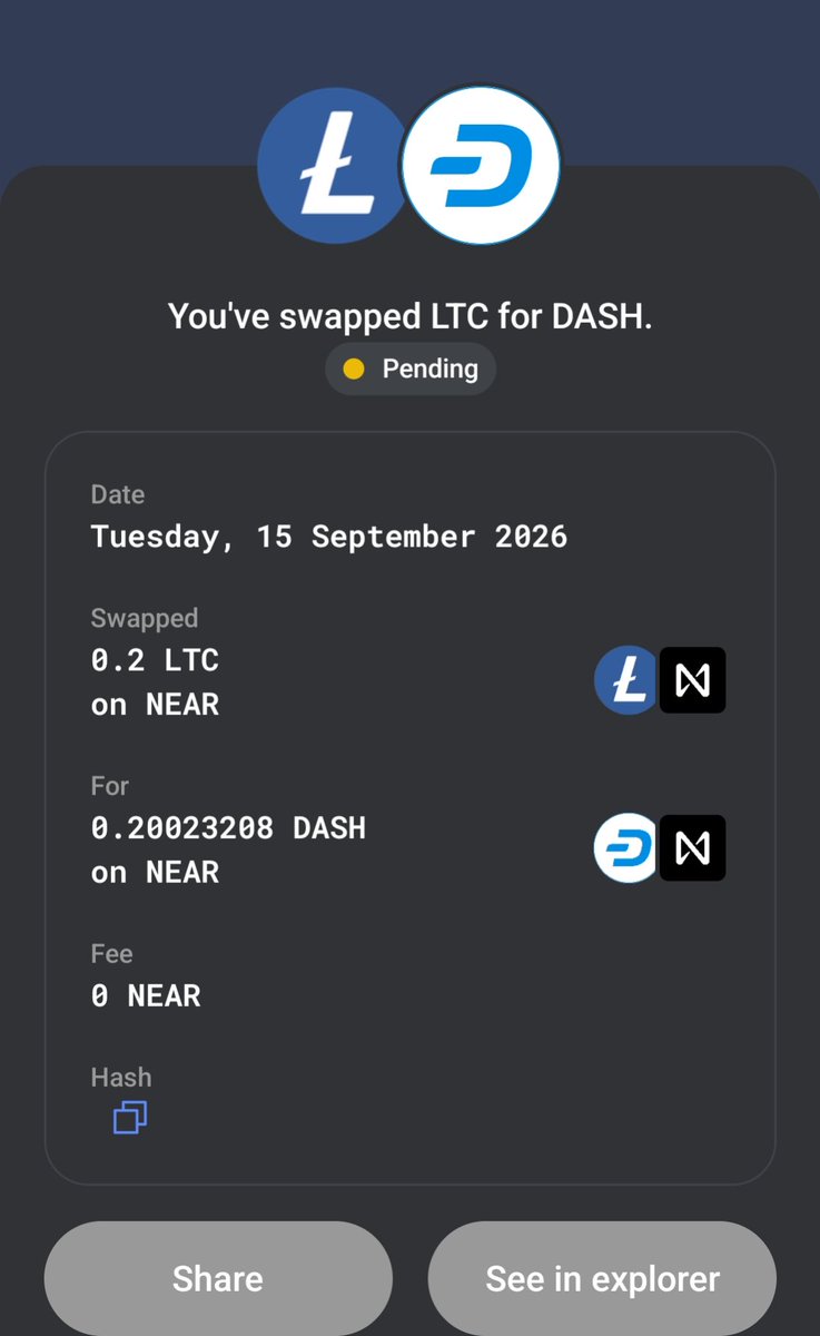 machine10101's tweet photo. Looks like the #Dash @Dashpay and $LTC @litecoin is back in action on the $NEAR @NEARMobile_app @NEARProtocol 

Thanks for the freedom! 

We don't need the clarity we just need #KYC free #DEX to never die

Support you local #DEX and swap today! 

Now just waiting for @THORSwap https://t.co/3rHFXUVOxQ