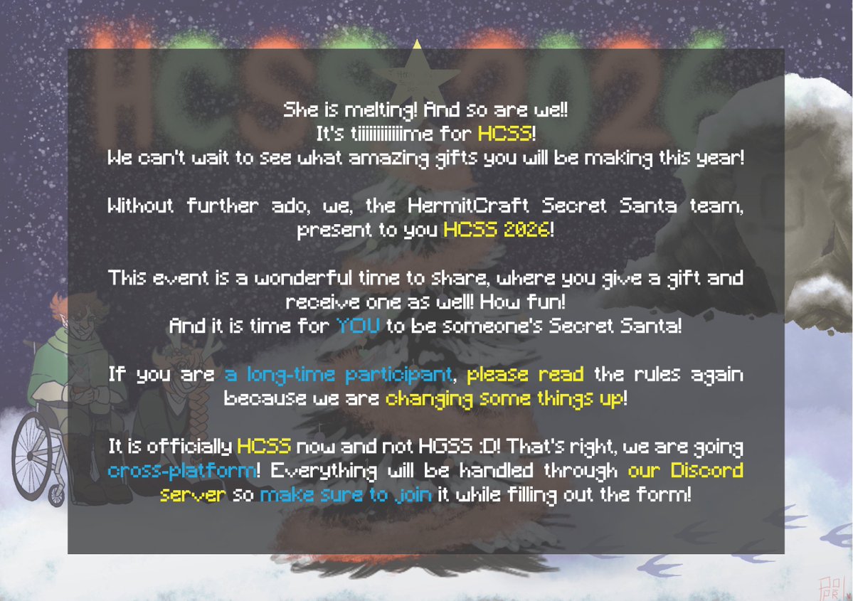 HCSecretSanta's tweet photo. Welcome to the Hermitcraft Secret Santa! 

This year is a bit different as we will be using discord to communicate/format the event! 

If you want to sign up, use this link:
https://t.co/vaDjcVxBi3 https://t.co/dZPEKgWhE1