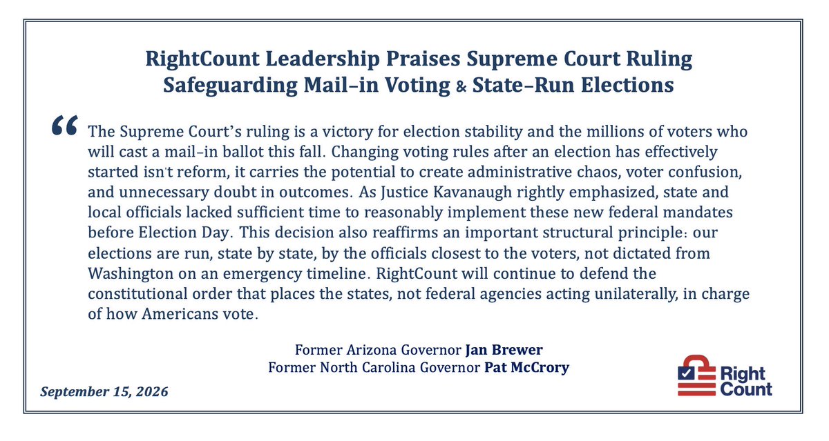 GovBrewer's tweet photo. I’m proud to join Gov. @PatMcCroryNC in applauding this important ruling. Our elections are run by the states. This decision protects election stability and safeguards mail-in voting for millions of Americans. @RightCount https://t.co/UGpIblbuPd
