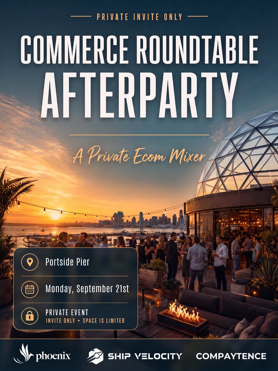 ShipVelocity's tweet photo. San Diego, it's your turn. 🔥

The Commerce Roundtable Afterparty is a private ecom mixer for founders and operators actually building and scaling serious brands.

Hosted by ShipVelocity, Phoenix and Compaytence.

📍 Portside Pier, San Diego
🗓️ Monday, September 21st https://t.co/4rlACdcwSC