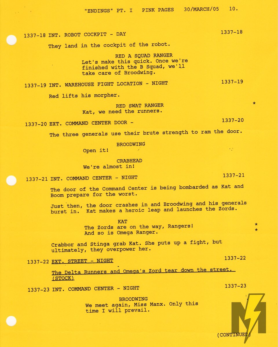 morphinmuseum's tweet photo. A Copy of SPD Executive Producer @gregaronowitz’s Annotated Script from Endings Part I — the first half of the two-part series finale — reveals original monster names for Broodwing’s Generals!

Their names were never spoken aloud, and only one was formally named in the end credits as “Crabhead” — though somehow, inaccurate information [perhaps fan-given names?] has infiltrated most Ranger Fan databases, dubbing “Monster #1” as “Spiketor” and “Monster #2” as “Lazor.” These script pages reveal that not only were all three generals named; but none of those original names made it past the scripting stage!

The monster dubbed “Crabhead” was originally CRABBOR — both versions appear in the pages here. Monster #1 / “Spiketor” was named MACE, and Monster #2 / “Lazor” was named STINGA.

Exhibit courtesy of Brian Dean.

Morphin Museum Exhibit 1038 ⚡️
Series: #PowerRangers SPD
Episode: Endings Part I
Year: 2005
