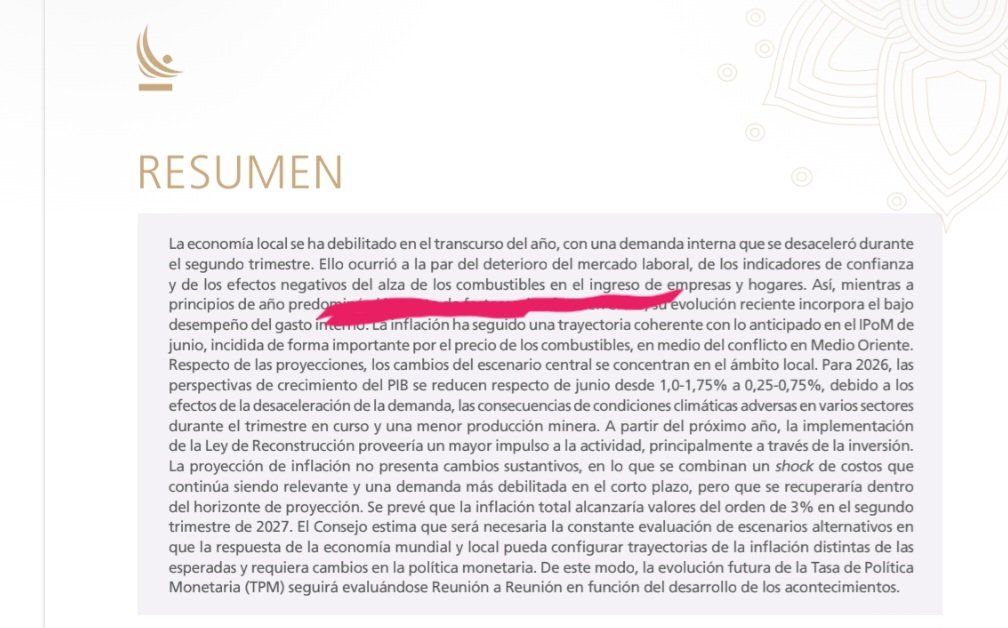 RodRettig's tweet photo. El “bencinazo” no fue gratis.

El Banco Central dice que el alza de los combustibles tuvo efectos negativos en los ingresos de hogares y empresas, justo cuando se debilitaban la economía y el empleo.

La guerra en Medio Oriente no depende de Chile. Cómo enfrenta un gobierno sus efectos sobre el bolsillo de las personas, sí.

IPoM septiembre 2026, p. 4