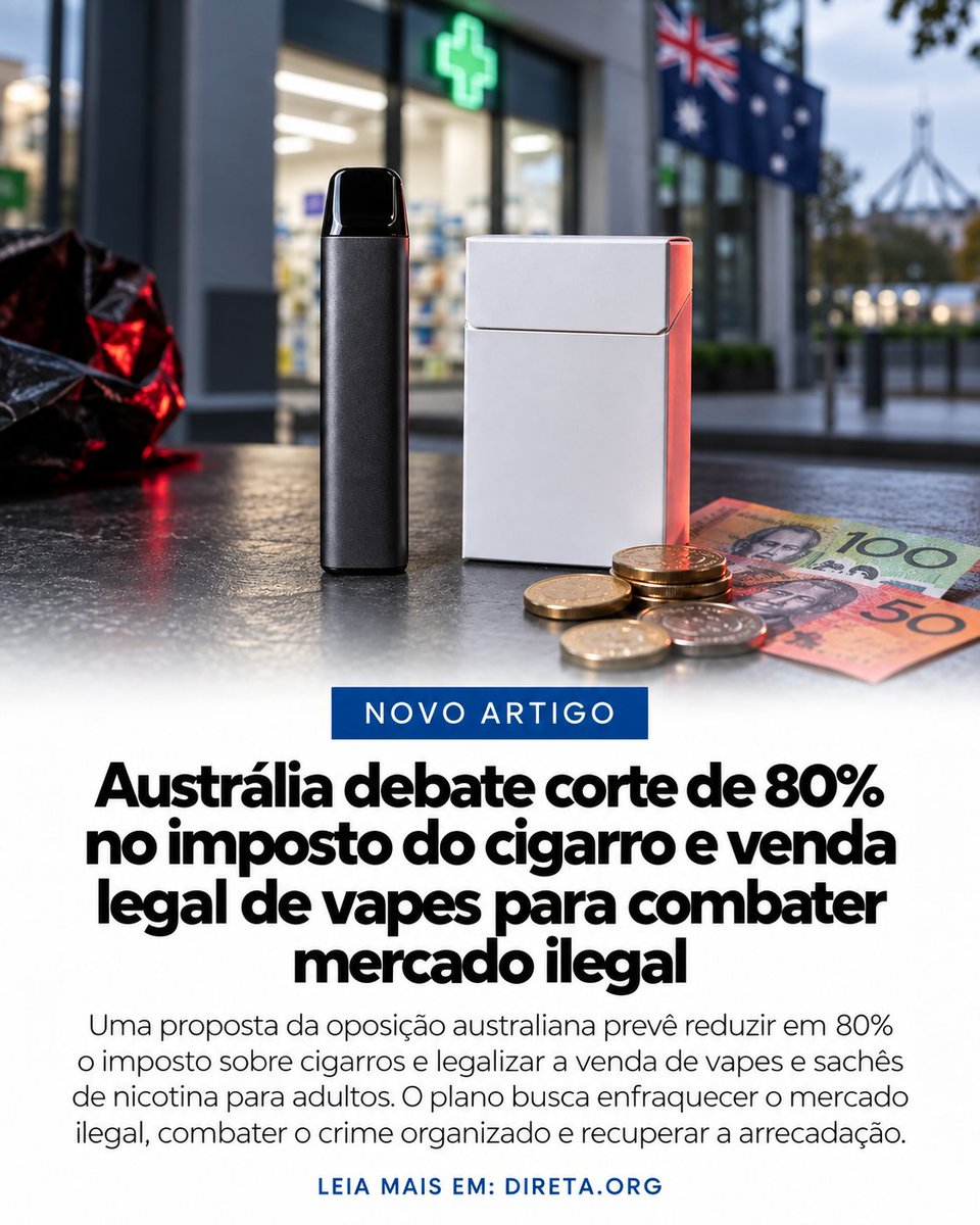 Direta_org's tweet photo. A Austrália pode mudar sua política sobre tabaco e nicotina.

A oposição propõe reduzir em 80% o imposto sobre cigarros e legalizar a venda de vapes e sachês de nicotina para adultos. O objetivo é enfraquecer o mercado ilegal, combater o crime organizado e recuperar a arrecadação.

A proposta também pretende substituir o modelo que restringe a venda legal de vapes às farmácias por um mercado regulado, com controle de qualidade, tributação e proibição para menores.

A medida ainda não foi aprovada e enfrenta críticas de especialistas em saúde pública.

Leia a matéria completa no DIRETA. Link https://t.co/Y48p8Uz3kE 

#DIRETA #Austrália #ReduçãoDeDanosdoTabagismo #Cigarroseletrônicos #Vape #Nicotina #MercadoIlegal #PolíticasPúblicas #Regulamentação