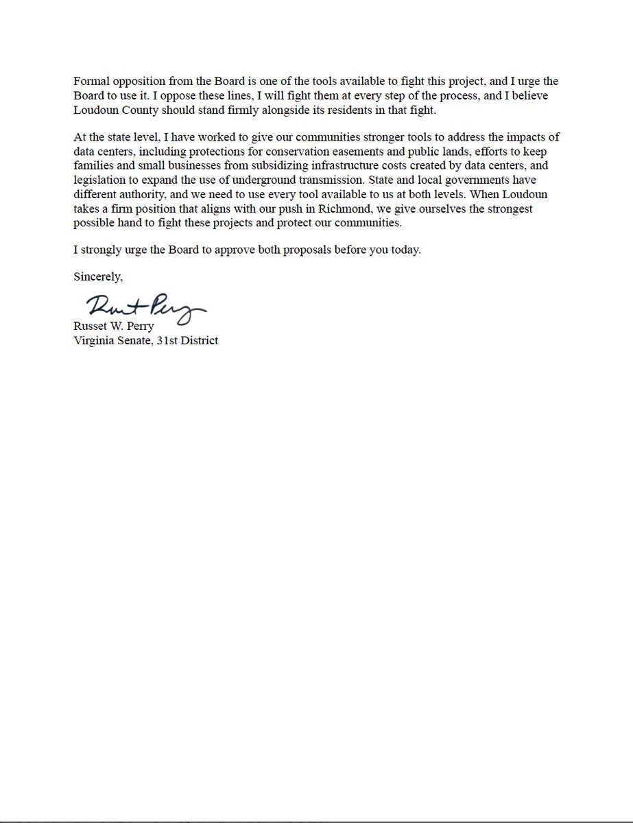 RussetPerry's tweet photo. I’ve been fighting in Richmond for a moratorium on new data centers and against the Valley North transmission lines. 

Tonight, the Loudoun Board of Supervisors is considering action on both at the county level.

I wrote the Board in strong support. See my comments here: https://t.co/oDYEoRBfa1