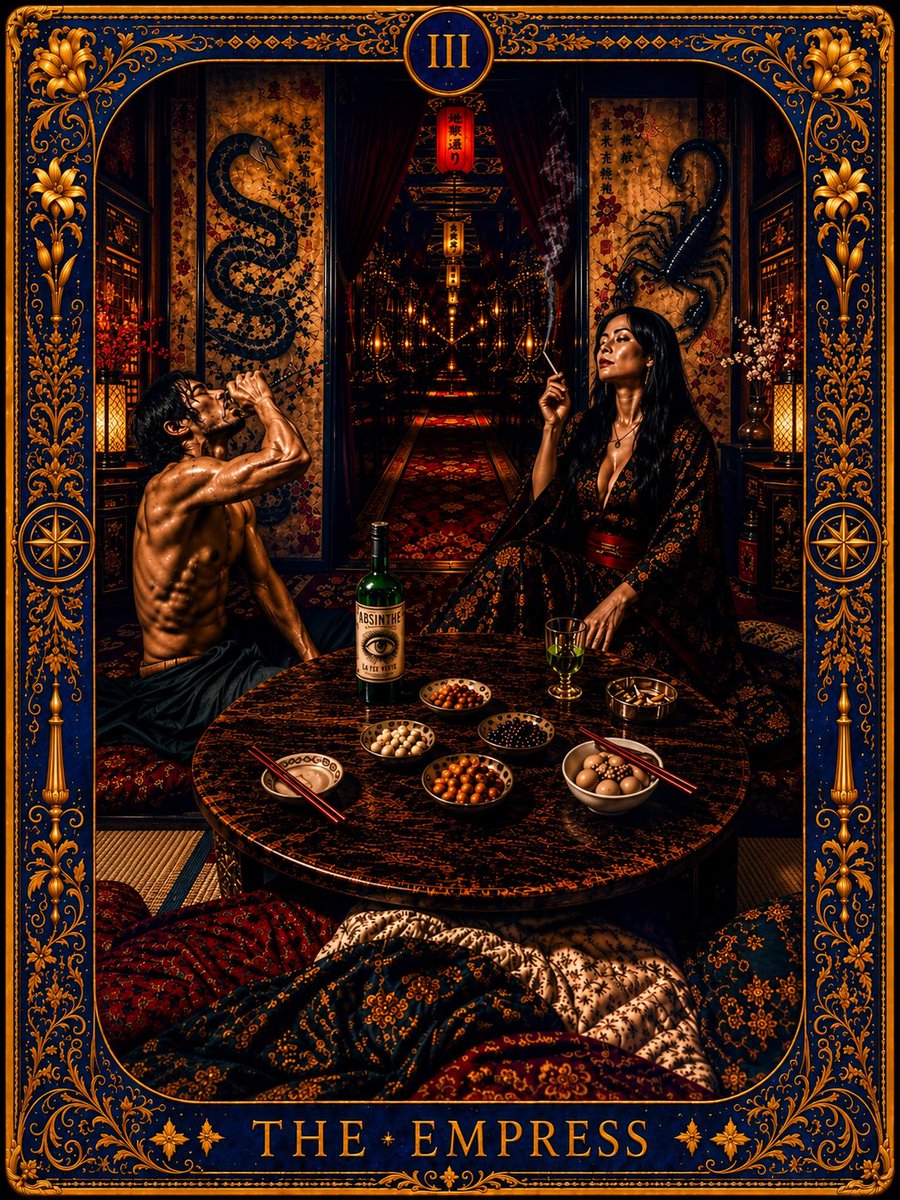 SSewXWihqLZu33x's tweet photo. -地獄通りの錬金術-
<The Empress Series>
あと一歩を踏み出せば、地獄の底へ真っ逆さま。
そんな場所に立っている、てな状況か?
さっさと飛び込めよ。何を躊躇ってんだ?
一度は意を決して地獄に頭から飛び込んだはいいが、そこの住人から毒でも盛られたか?
上等なことじゃねえか。
まさか、目の前に注がれた毒の盃をお前一人が全部飲み干さないといけないとでも思ってんじゃねえだろうな?
予見してやるよ。
お前は自分自身の優しさで身を滅ぼす。
それとももうとっくに破滅に至っているってえ状況か?
何も知らねえで地獄に飛び込んだお前の姿を鏡で見たことあんのかよ?
おい青二才。
相手がお前に吐いた毒をそのままそいつの盃に注いでやれや。
そいつは善意を振りかざして、自分の言動に毒があることに気付いてもいねえよ。
一つその偽善を逆手に取ってやれ。
相手が盛ってきた毒を、そのまま条件に織り込んで突きつけてやんのよ。
お前に吐いてきた毒で、そいつの首を窒息寸前まで絞めてやれ。
そいつが降参の手を上げた時、初めて自ら吐いた毒の蘞味を味わうことになるってわけよ。
それでも自分の「聖人君子」っぷりを信じて疑わねえんだから、救いようが無いんだがな。
そしてある時、お前は一つの達りを得るだろうよ。
周囲がお前に毒を感じ、誰もお前に手出ししようとしなくなった、その瞬間にな。
もしそれを成し遂げることが出来たなら、毒を黄金に変容させる錬金術をお前は手に入れたってことになるな。
お前を苦しめてきた地獄の毒は、お前の身を守る武器に変わったってわけだ。
#SUZURI
#TheEmpress #Tarot
#OccultArt お