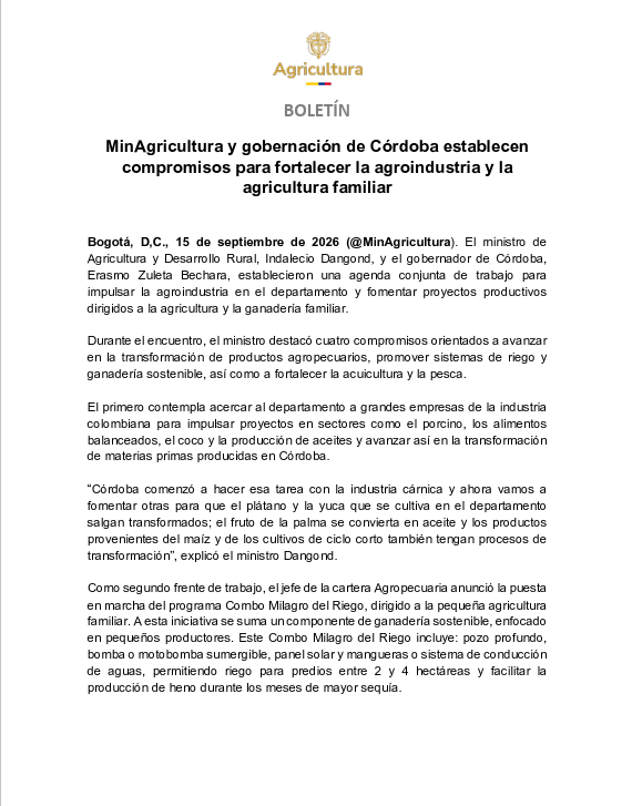 MinAgricultura's tweet photo. #Agenda 📆| El ministro de agricultura, Indalecio Dangond, recibió en Bogotá al gobernador de #Cordoba, @ErasmoZB, para establecer compromisos que impulsen la agroindustria y la agricultura familiar.🤝

Con este trabajo articulado, el Ministerio y la Gobernación avanzan en la transformación productiva del campo cordobés, el fortalecimiento del programa #CampoMilagro con riego y ganadería sostenible🐄, y el impulso a la agricultura y la pesca del departamento.