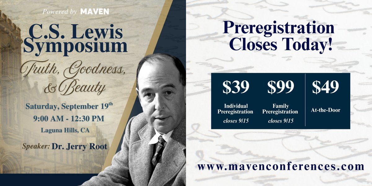 BrettKunkle's tweet photo. Don't miss @we_are_maven's C.S. Lewis Symposium THIS COMING Saturday, September 19th. Preregistration closes TODAY and then it's only At-the-Door registration if spots are still available.

🔗 LINK: https://t.co/R5sgZ6X4c1 https://t.co/CmUJPnUmGo