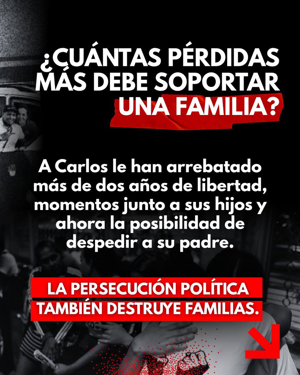 Vente_Chacao's tweet photo. Carlos Tovar no pudo despedir a su padre.

Mientras su familia enfrenta este dolor, Carlos permanece preso por razones políticas.

El régimen le arrebató incluso la posibilidad de estar junto a su padre en uno de los momentos más difíciles de su vida.

#LiberenACarlosTovar https://t.co/soOAewb54X
