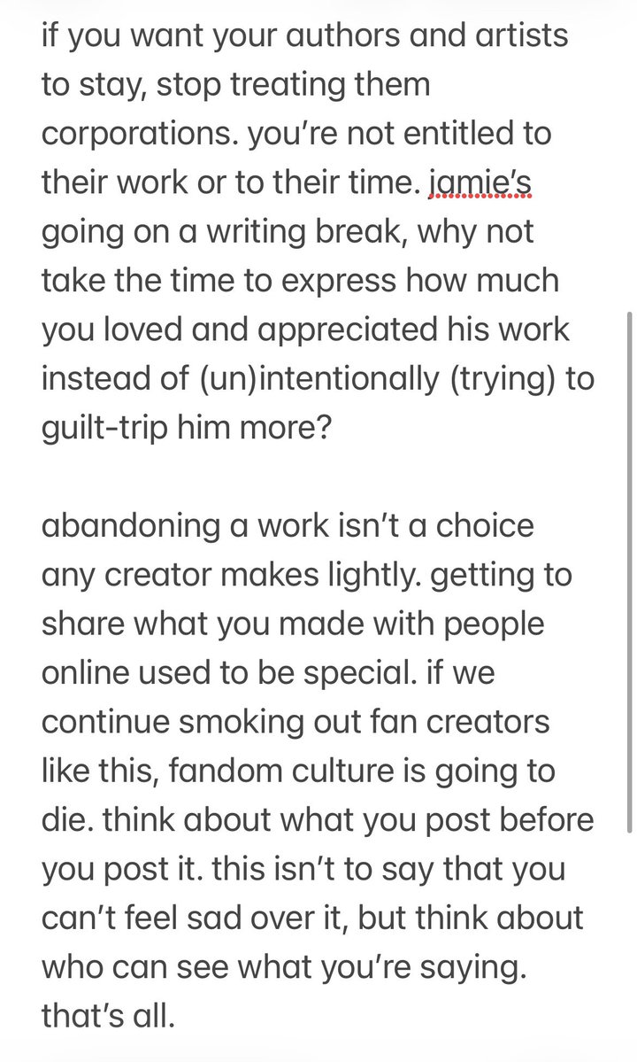 dsteronii's tweet photo. i’ve been seeing so many posts carrying the sentiment that jamie cancelling gtc ruined their week or something to that effect. just wanted to say stop guilttripping fan creators into making more things for you. whether you intend to or not, the things you say hurt people https://t.co/DpMUaNujwE
