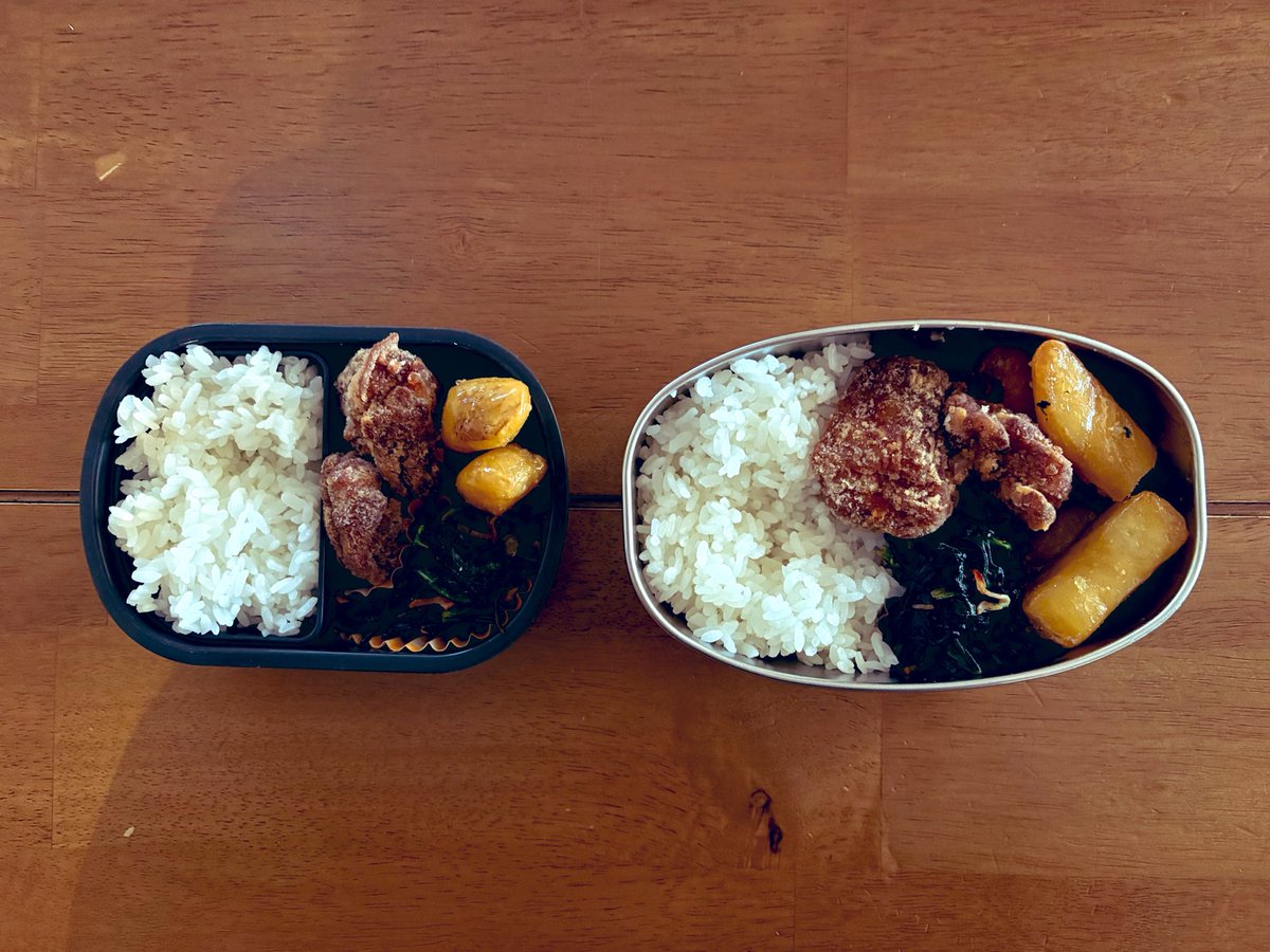 mw_ship's tweet photo. 子どもたちのお弁当。ご飯、唐揚げ、ほうれん草とベーコンのソテー、冷凍大学芋。久しぶりに朝から唐揚げ作った。 https://t.co/IDmaqZoYUn